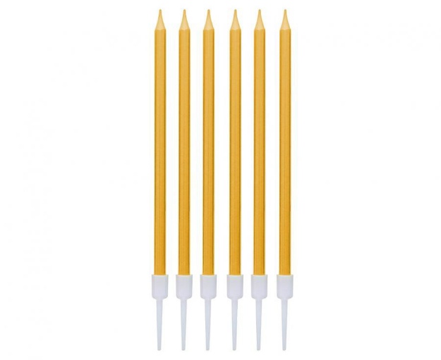 Obrázek z Dortové svíčky s držátky - zlaté metalické 13,5 cm - 6 ks 