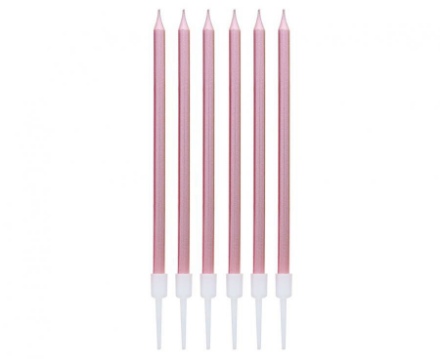 Obrázek Dortové svíčky s držátky - rosegold metalické 13,5 cm - 6 ks