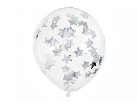 Obrázok z Priehľadné balóniky so striebornými konfetami hviezdy, 30 cm - 6 ks