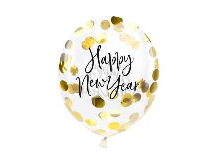 Obrázek Průhledné balonky se zlatými konfetami Happy New Year, 27 cm - 3 ks