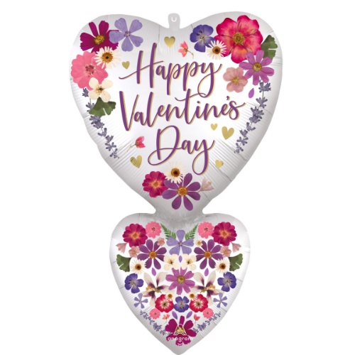 Levně Foliový balonek dvojité srdce s květy - Happy Valentine's Day 50cm x 78cm