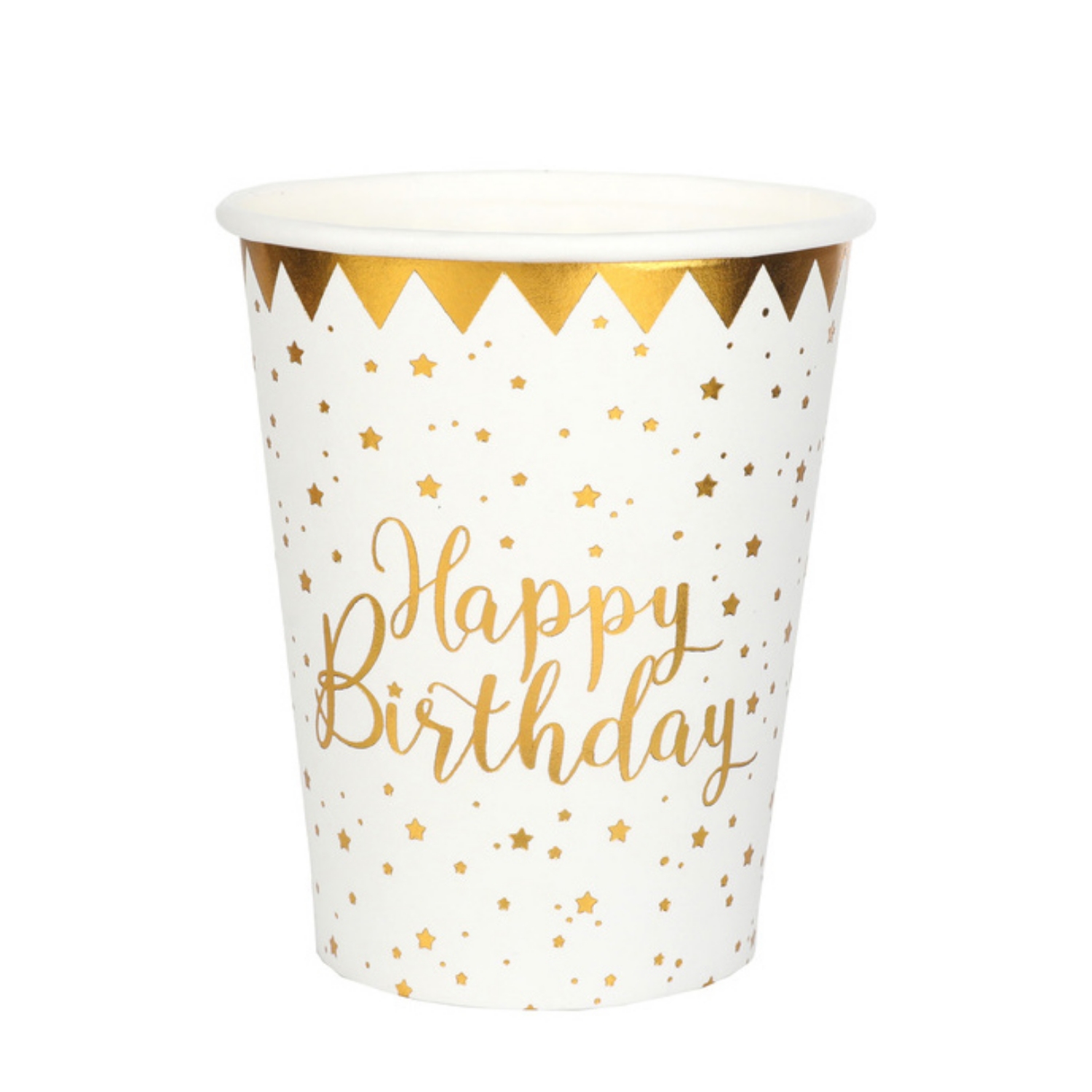 Levně Papírové kelímky bílé se zlatými hvězdami Happy Birthday 270 ml - 10 ks