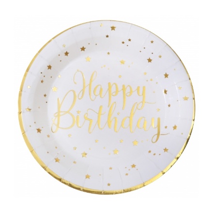 Picture of Paper Plates Happy Birthday White Gold - 10 pcs