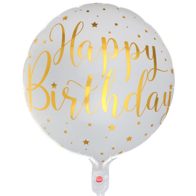 Obrázek z Foliový balonek - bílý se zlatými hvězdami - Happy Birthday 45 cm 