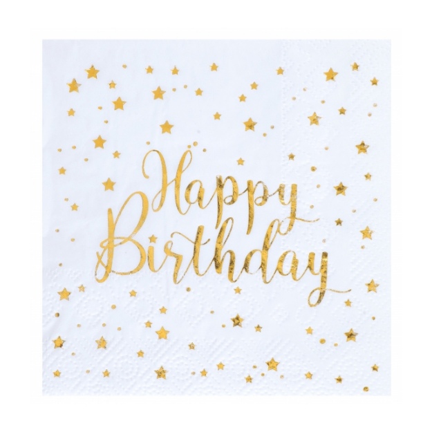 Obrázok z Papierové obrúsky biele so zlatými hviezdami - Happy Birthday 20 ks