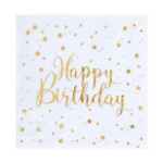 Obrázek Papírové ubrousky Happy Birthday bílozlaté – 20 ks