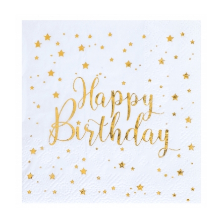 Obrázok z Papierové obrúsky Happy Birthday bielozlaté – 20 ks