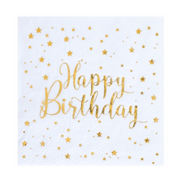 Obrázek Papírové ubrousky Happy Birthday bílozlaté – 20 ks