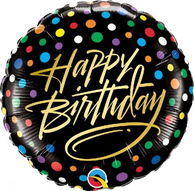 Obrázok z Fóliový balónik čierny s bodkami - Happy Birthday - 45 cm