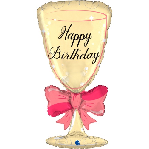 Levně Foliový balonek - sklenka s mašlí - Happy Birthday 91 cm