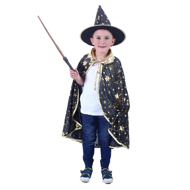 Obrázok z Detský čarodejnícky plášť s klobúkom - čierny