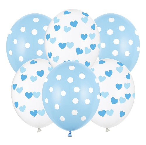 Balonky modré s potiskem 30 cm - puntíky a srdíčka, 6 ks