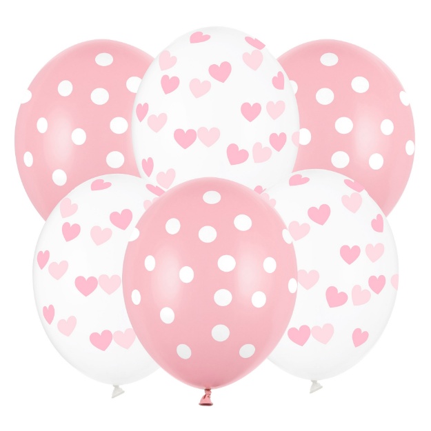 Obrázek z Balonky růžové s potiskem 30 cm - puntíky a srdíčka, 6 ks 