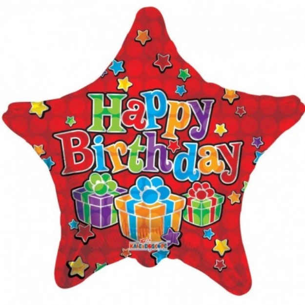 Obrázek z Foliový balonek hvězda - červený Happy Birthday s dárečky - 46 cm  