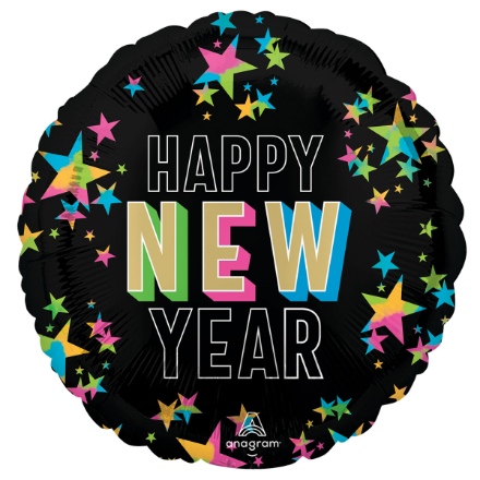 Obrázek Foliový balonek kulatý Happy New Year - neonové hvězdy 45 cm