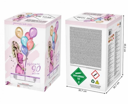 Jednorázová láhev s héliem na 90 balónků v dárkovém balení, vhodná pro nafukování latexových a fóliových balónků.