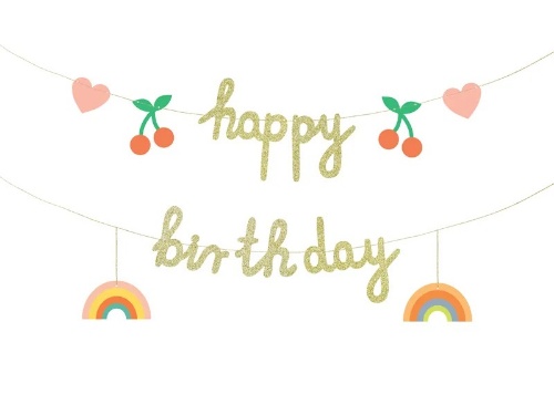 Party nápis Happy Birthday 100 x 18 cm - Cherry, rainbow, heart