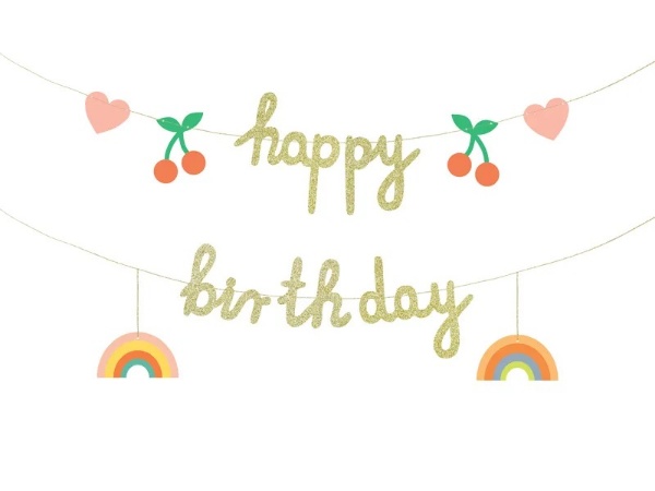 Party nápis Happy Birthday 100 x 18 cm - Cherry, rainbow, heart