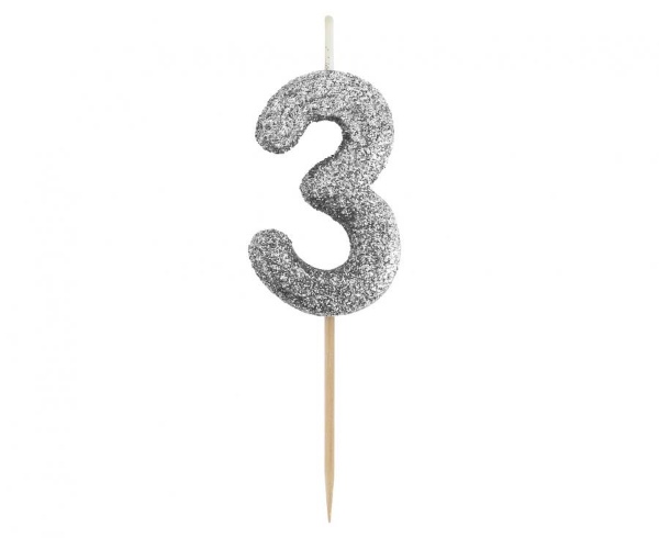 Dortová svíčka číslo 3 - třpytivá černo stříbrná, 11 x 3,5 cm