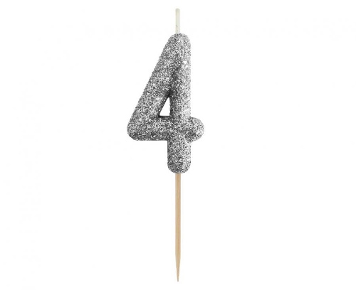 Levně Dortová svíčka číslo 4 - třpytivá černo stříbrná, 11 x 3,5 cm
