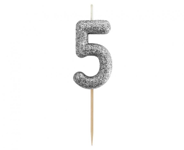 Dortová svíčka číslo 5 - třpytivá černo stříbrná, 11 x 3,5 cm