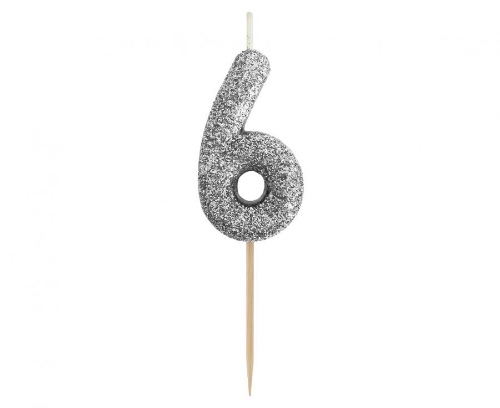 Levně Dortová svíčka číslo 6 - třpytivá černo stříbrná, 11 x 3,5 cm