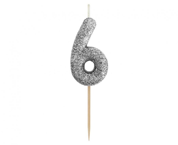 Dortová svíčka číslo 6 - třpytivá černo stříbrná, 11 x 3,5 cm
