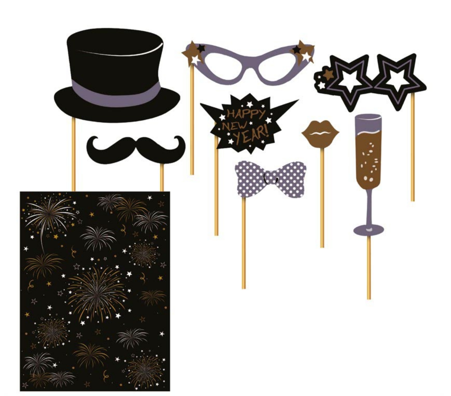 Rekvizity do fotokoutku s foto pozadím VIP HNY, 9 ks