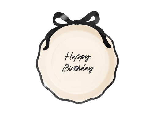 Levně Papírové talíře Happy Birthday, krémové s černými mašličkami, 24 cm