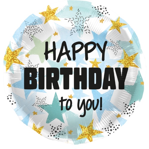 Foliový balonek Happy Birthday, modré a zlaté hvězdy, 45 cm