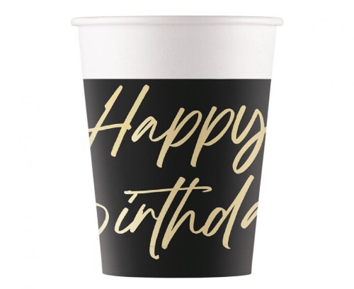 Papierové poháre Elegant Happy Birthday čierne, 200 ml