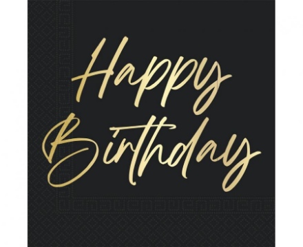 Obrázok z Papierové obrúsky Elegant Happy Birthday čierne, 33 x 33 cm