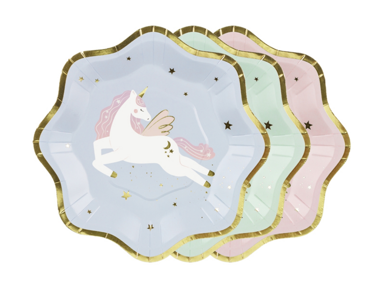 Papírové talířky Jednorožec se zlatým okrajem, 18 cm