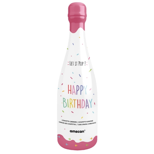 Levně Vystřelovací konfety v růžové lahvi šampusu, barevná kolečka, 32 cm