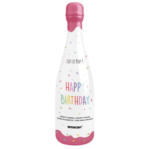 Vystřelovací konfety v růžové lahvi šampusu, barevná kolečka, 32 cm