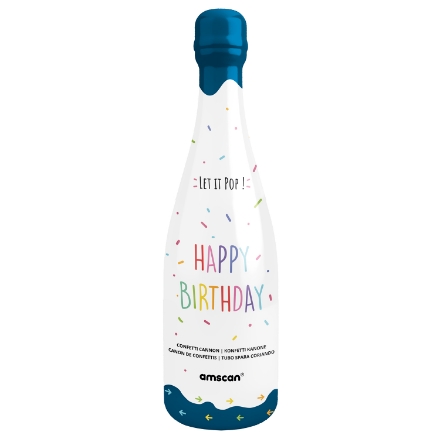 Picture of Confetti Shooter in Blue Champagne Bottle, Colorful Circles, 32 cm