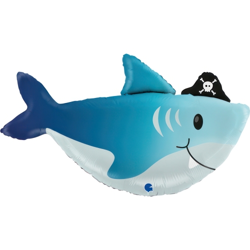 Levně Foliový balonek Žralok modrý s pirátskou čepičkou, 74 cm
