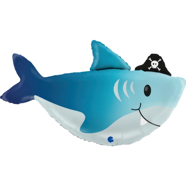 Foliový balonek Žralok modrý s pirátskou čepičkou, 74 cm