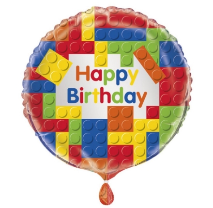 Kulatý fóliový balonek s motivem stavebních kostek a nápisem Happy Birthday, průměr 45 cm