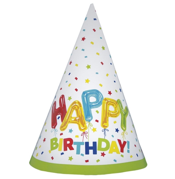 Obrázek z Papírové čepičky Happy Birthday s balónky 16 cm – 8 ks 