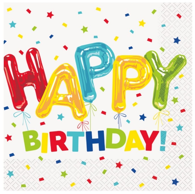 Obrázek z Papírové ubrousky Happy Birthday s balónky 33 × 33 cm – 16 ks 