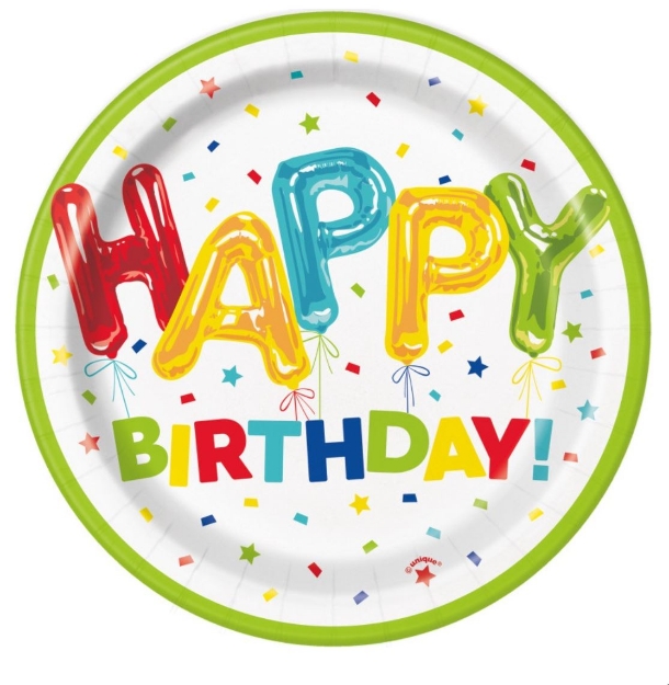 Obrázok z Papierové tanieriky Happy Birthday s balónikmi 18 cm - 8 ks