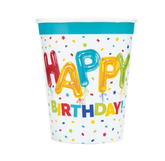 Obrázok z Papierové poháre Happy Birthday s balónikmi 266 ml - 8 ks