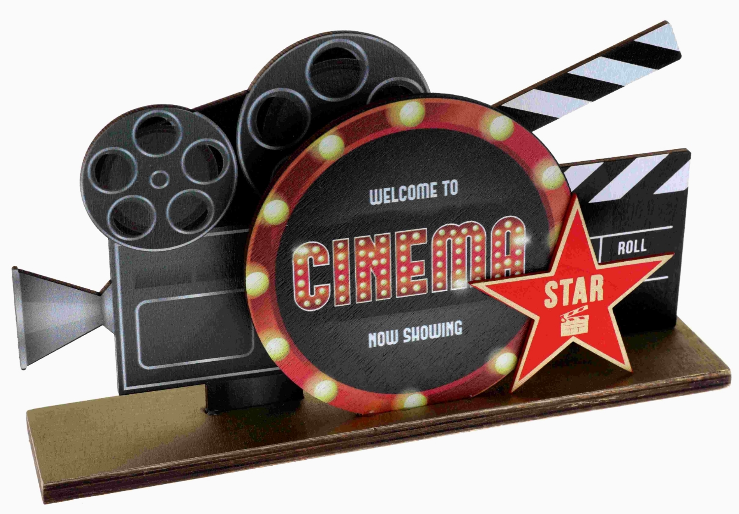 Dřevěná dekorace Hollywood Movie Night – filmová kamera a hvězda