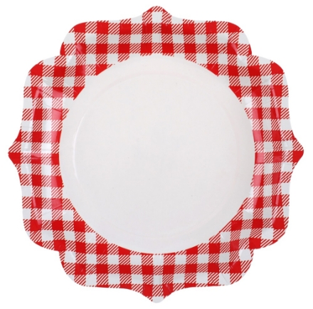 Obrázek Papírové talíře červenobílé kostkované – venkovský styl, 21 cm, 10 ks