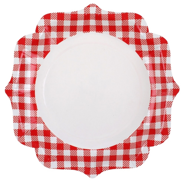Papírové talíře červenobílé kostkované – venkovský styl, 21 cm, 10 ks