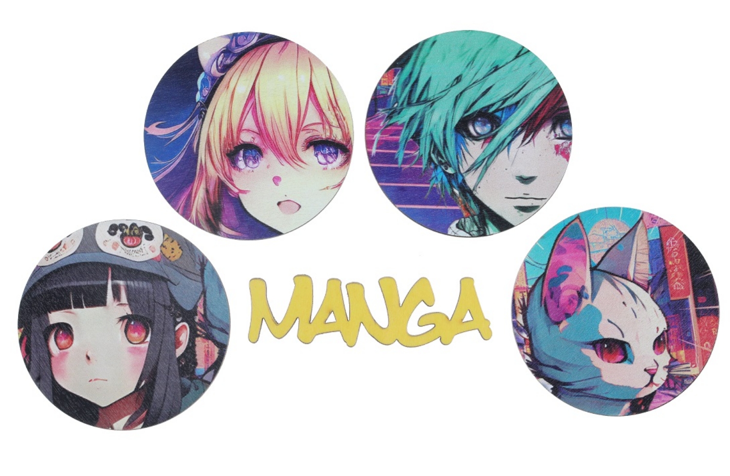 Levně Dřevěné konfety Manga – barevné postavičky a nápis, 10 ks