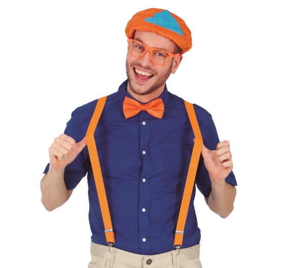 Oranžový zábavní set – brýle, kšandy, motýlek a čepice