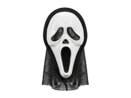Hororová maska s kapucí v černo-bílém provedení, ideální na Halloween