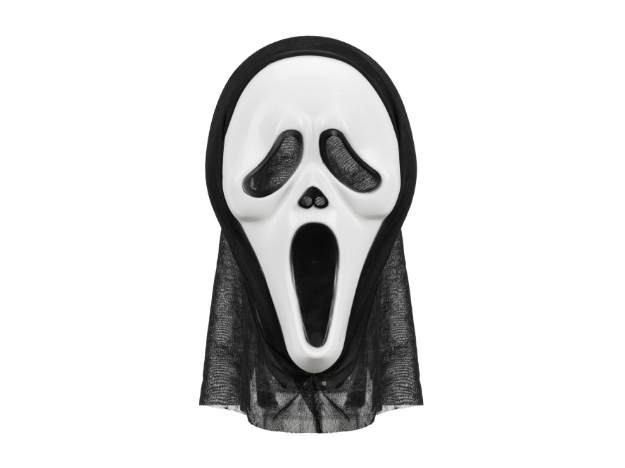 Hororová maska s kapucí v černo-bílém provedení, ideální na Halloween
